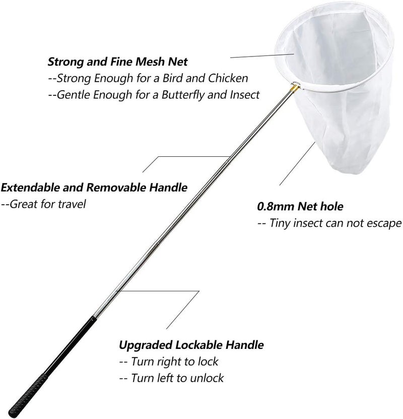 RESTCLOUD Professional Insect and Butterfly Net with 14" Ring, 26" Net Depth, 59" Telescopic Handle Full Extends to 73" Stainless Lockable - Image 3